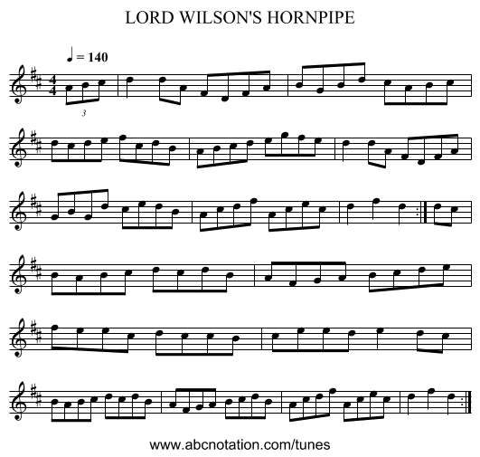 LORD WILSON'S HORNPIPE - staff notation