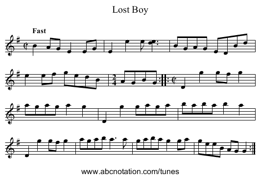 Lost Boy - staff notation