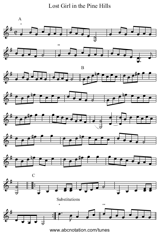 Lost Girl in the Pine Hills - staff notation
