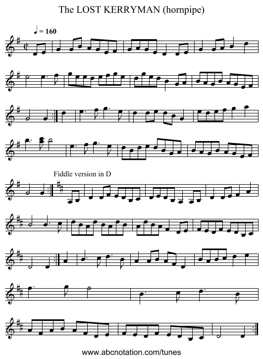 LOST KERRYMAN (hornpipe), The - staff notation