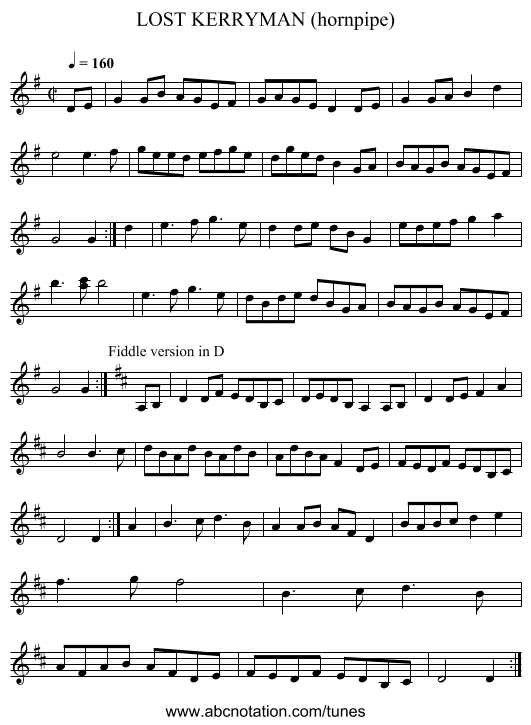 LOST KERRYMAN (hornpipe) - staff notation