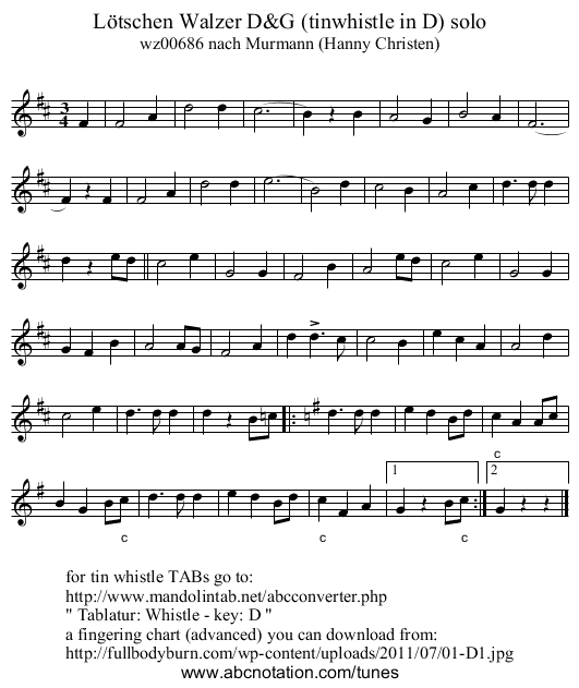 L&ouml;tschen Walzer D&G (tinwhistle in D) solo - staff notation