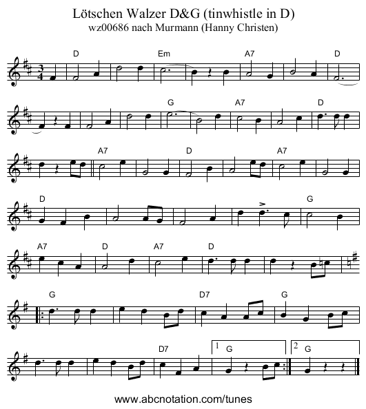 L&ouml;tschen Walzer D&G (tinwhistle in D) - staff notation