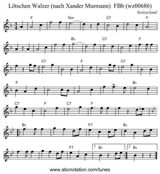 Lötschen Walzer (nach Xander Murmann)  FBb (wz00686) - staff notation