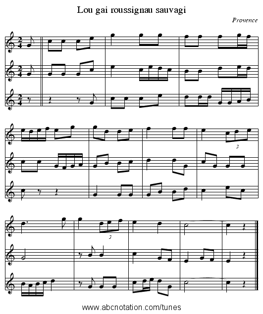 Lou gai roussignau sauvagi - staff notation