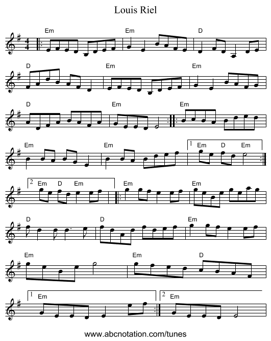 Louis Riel - staff notation