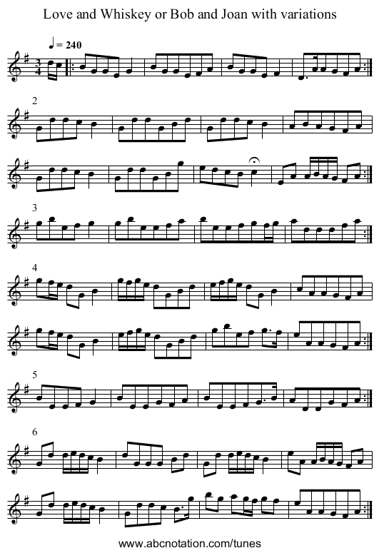 Love and Whiskey or Bob and Joan with variations - staff notation