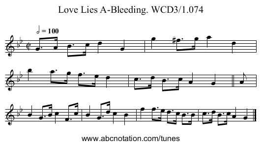 Love Lies A-Bleeding. WCD3/1.074 - staff notation