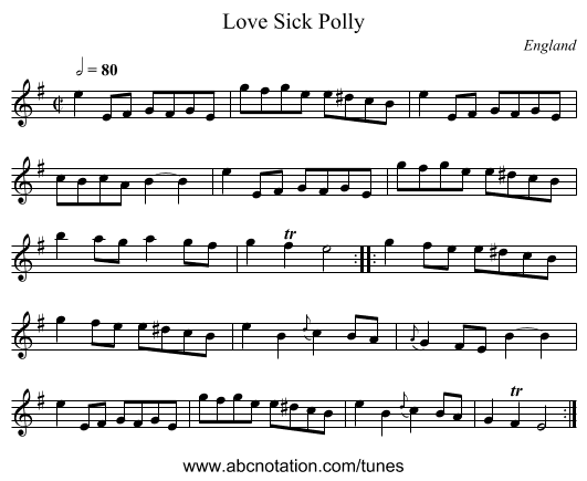 Love Sick Polly - staff notation