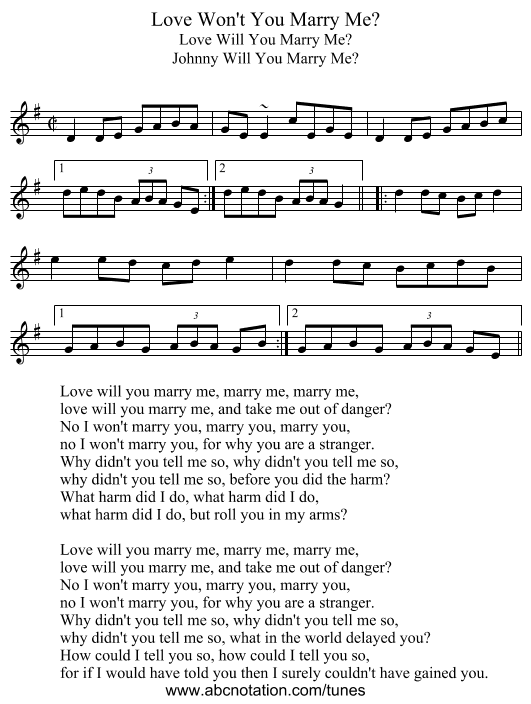 Love Won't You Marry Me? - staff notation