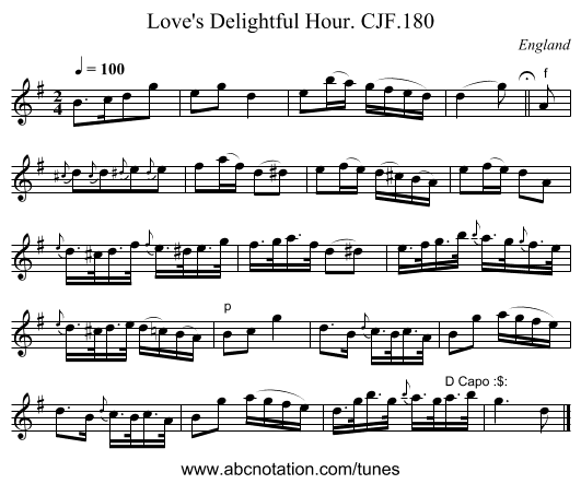 Love's Delightful Hour. CJF.180 - staff notation