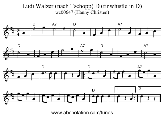 Ludi Walzer (nach Tschopp) D (tinwhistle in D) - staff notation