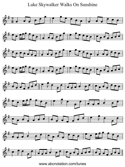 Luke Skywalker Walks On Sunshine - staff notation