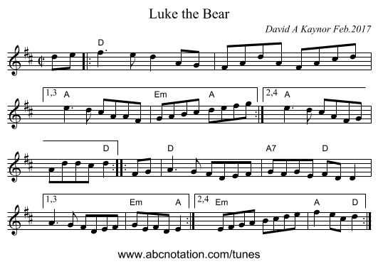 Luke the Bear - staff notation