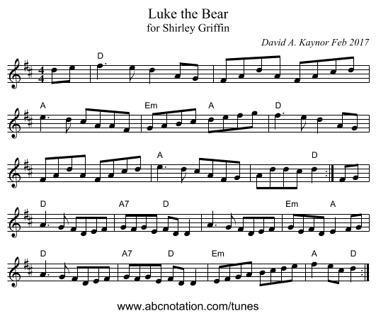 Luke the Bear - staff notation