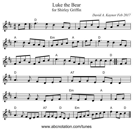 Luke the Bear - staff notation