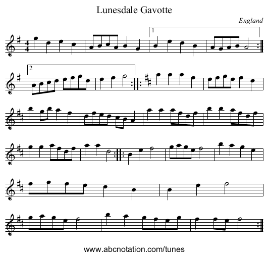 Lunesdale Gavotte - staff notation