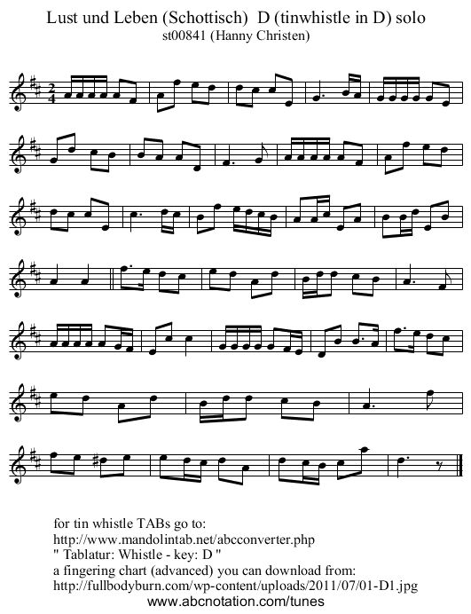 Lust und Leben (Schottisch)  D (tinwhistle in D) solo - staff notation