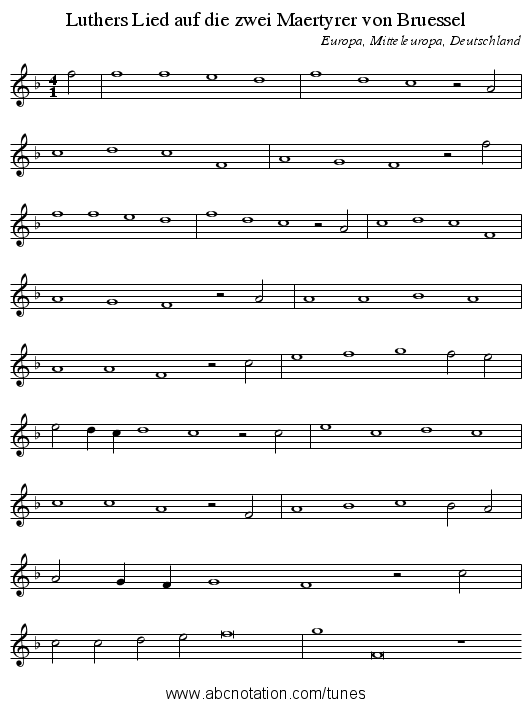 Luthers Lied auf die zwei Maertyrer von Bruessel - staff notation
