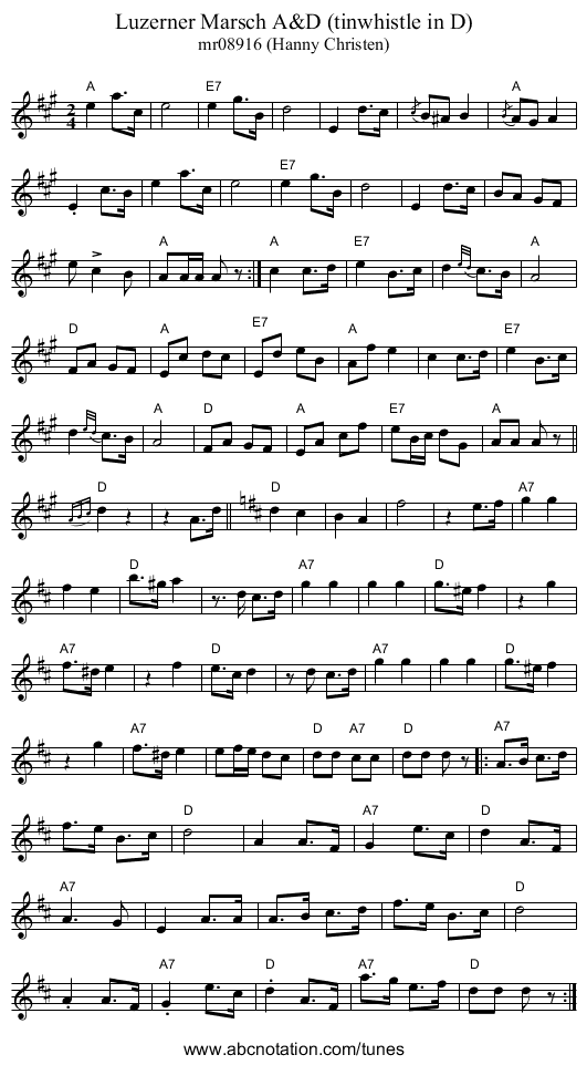 Luzerner Marsch A&D (tinwhistle in D) - staff notation