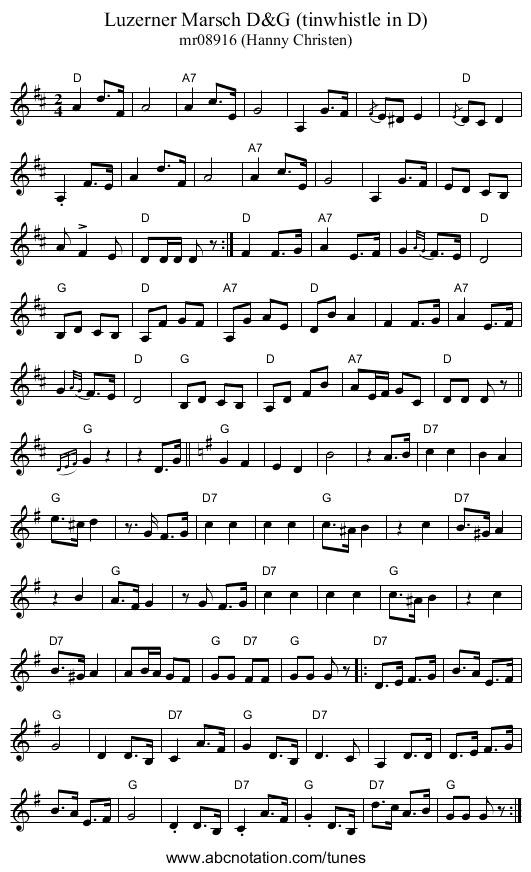 Luzerner Marsch D&G (tinwhistle in D) - staff notation