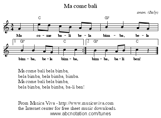 Ma come bali - staff notation