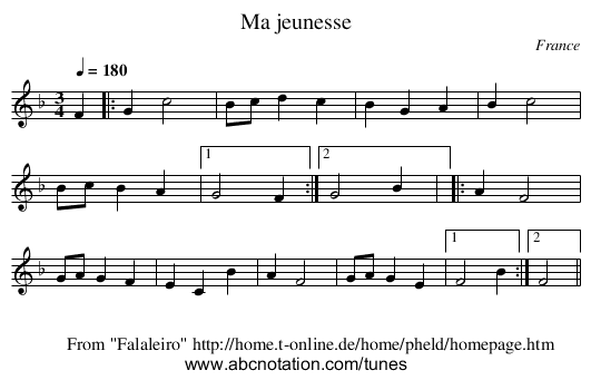 Ma jeunesse - staff notation