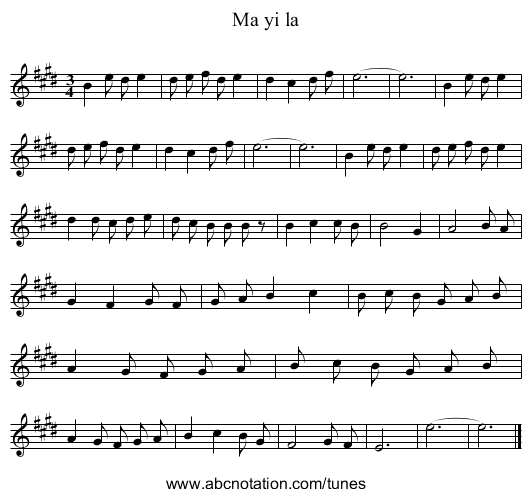 Ma yi la - staff notation