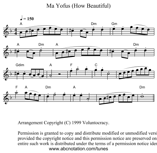 Ma Yofus (How Beautiful) - staff notation