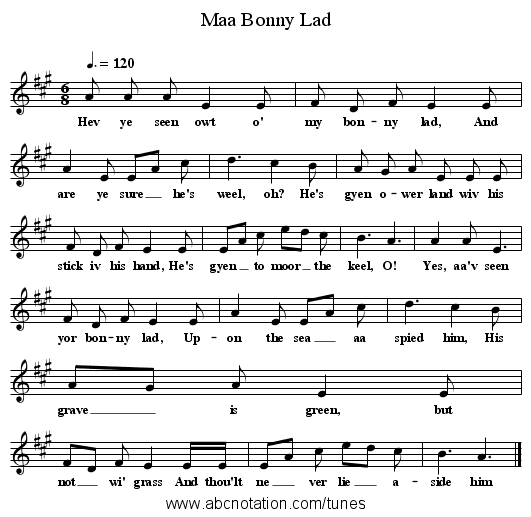 Maa Bonny Lad - staff notation