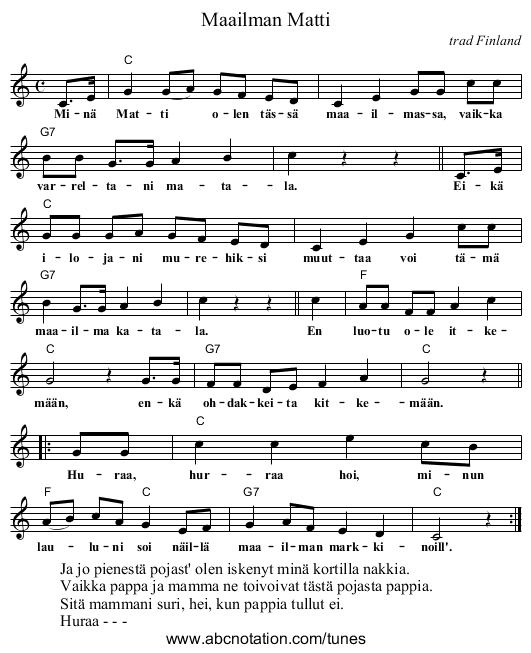 Maailman Matti - staff notation