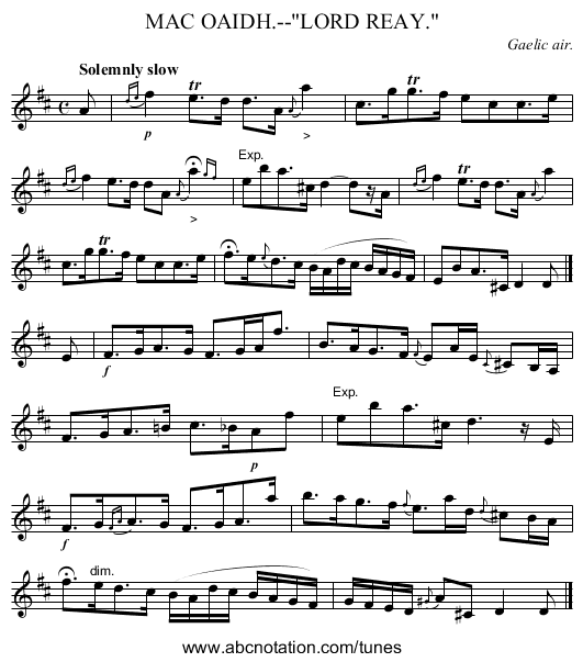 MAC OAIDH.--LORD REAY. - staff notation