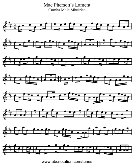 Mac Pherson’s Lament - staff notation
