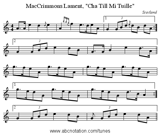 MacCrimmons Lament, Cha Till Mi Tuille - staff notation
