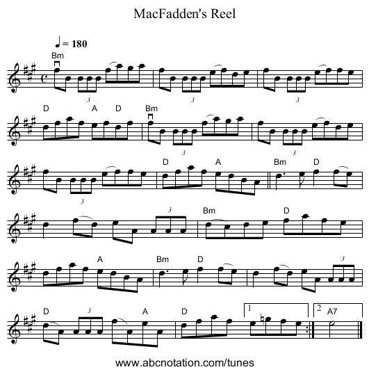 MacFadden's Reel - staff notation