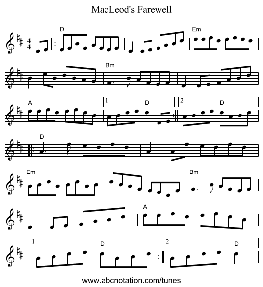 MacLeod's Farewell - staff notation
