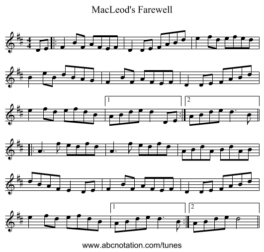 MacLeod's Farewell - staff notation