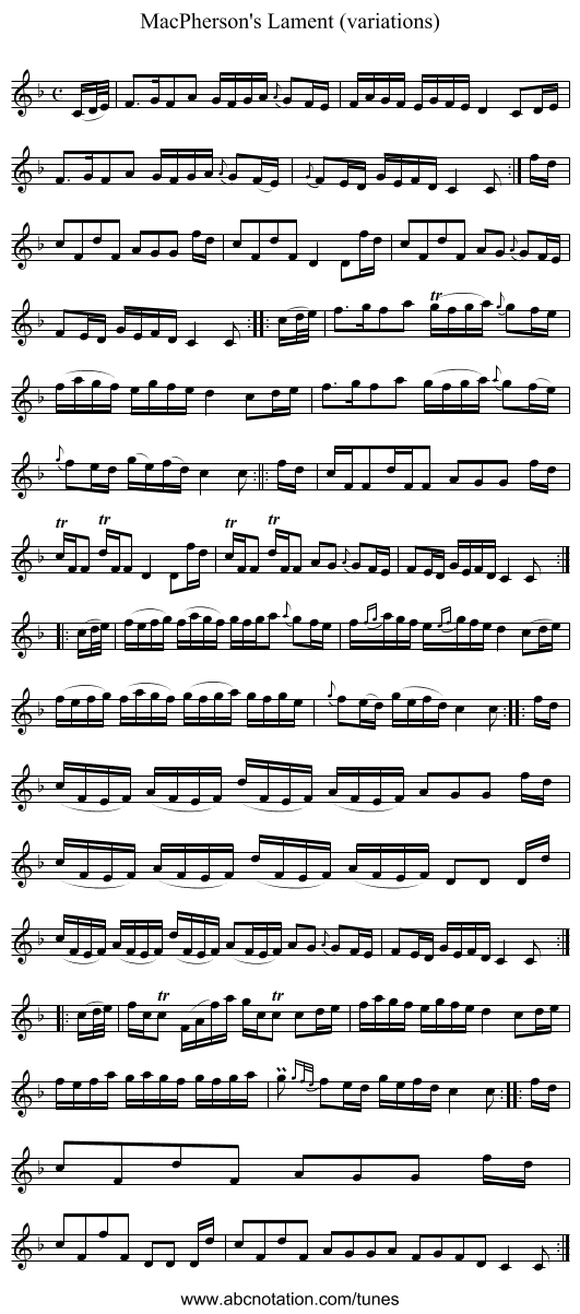 MacPherson's Lament (variations) - staff notation