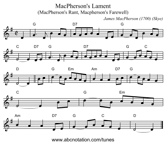 MacPherson's Lament - staff notation
