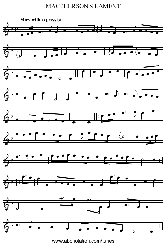 MACPHERSON'S LAMENT - staff notation