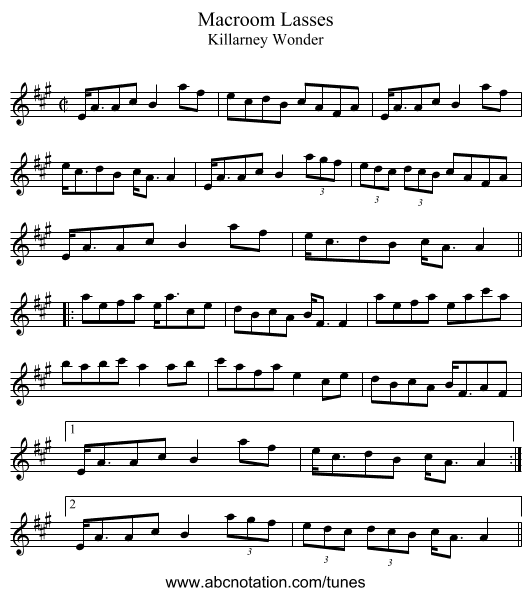 Macroom Lasses - staff notation