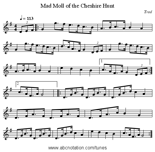 Mad Moll of the Cheshire Hunt - staff notation
