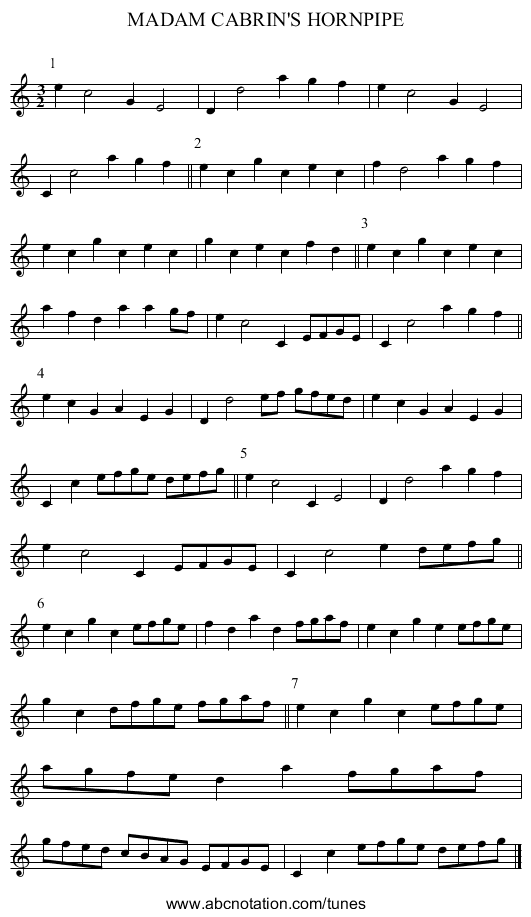 MADAM CABRIN'S HORNPIPE - staff notation