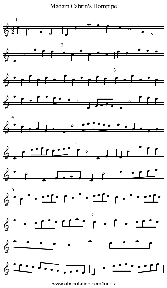 Madam Cabrin's Hornpipe - staff notation