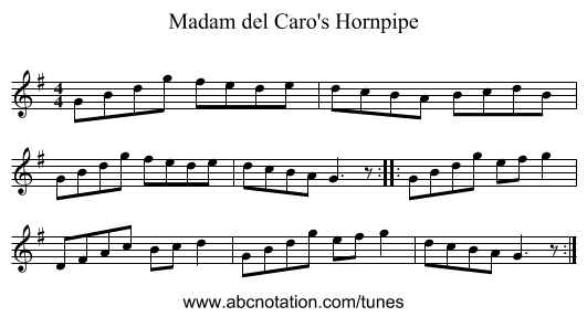 Madam del Caro's Hornpipe - staff notation