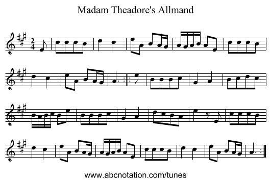 Madam Theadore's Allmand - staff notation