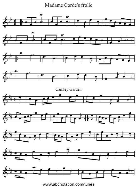 Madame Corde's frolic - staff notation