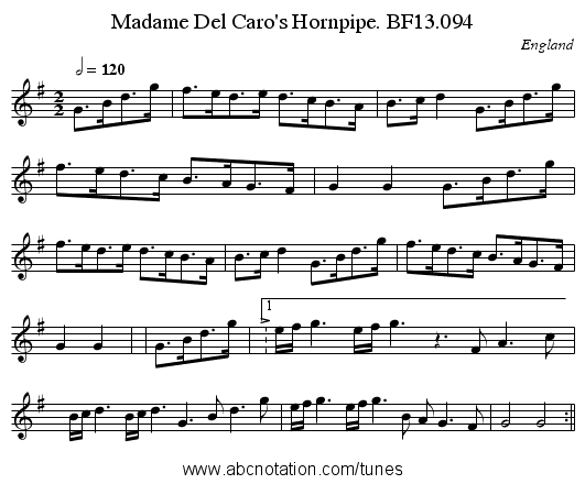 Madame Del Caro's Hornpipe. BF13.094 - staff notation