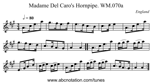 Madame Del Caro's Hornpipe. WM.070a - staff notation