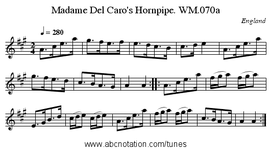 Madame Del Caro's Hornpipe. WM.070a - staff notation